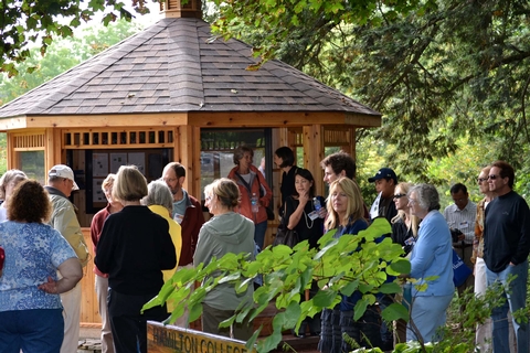 A group at the gazebo during the Legacy of Trees Tour, Bicentennial Kickoff Weekend.